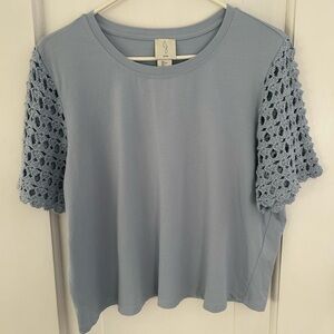 Joie Blue Knit Top Crochet Sleeves Cottagecore Size Large